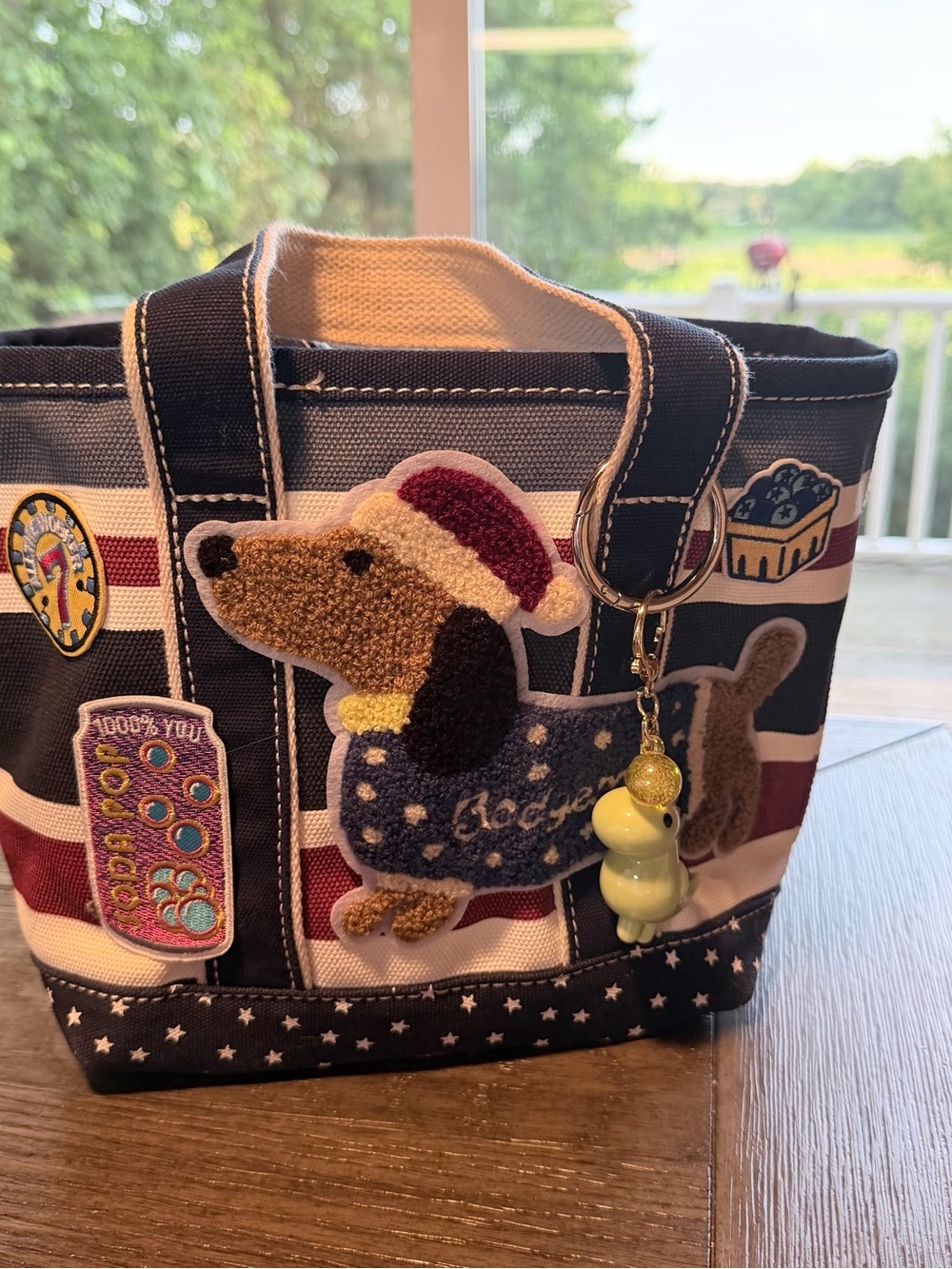 Lands' End Navy, White & Burgundy Striped Tote with Appliqué Dachshund